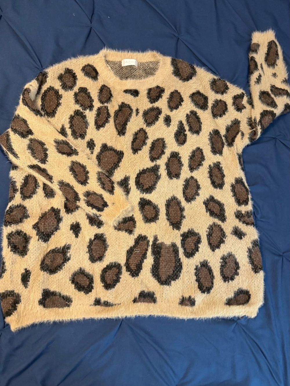 Altar'd State Beige Leopard Fuzzy Crewneck Sweater